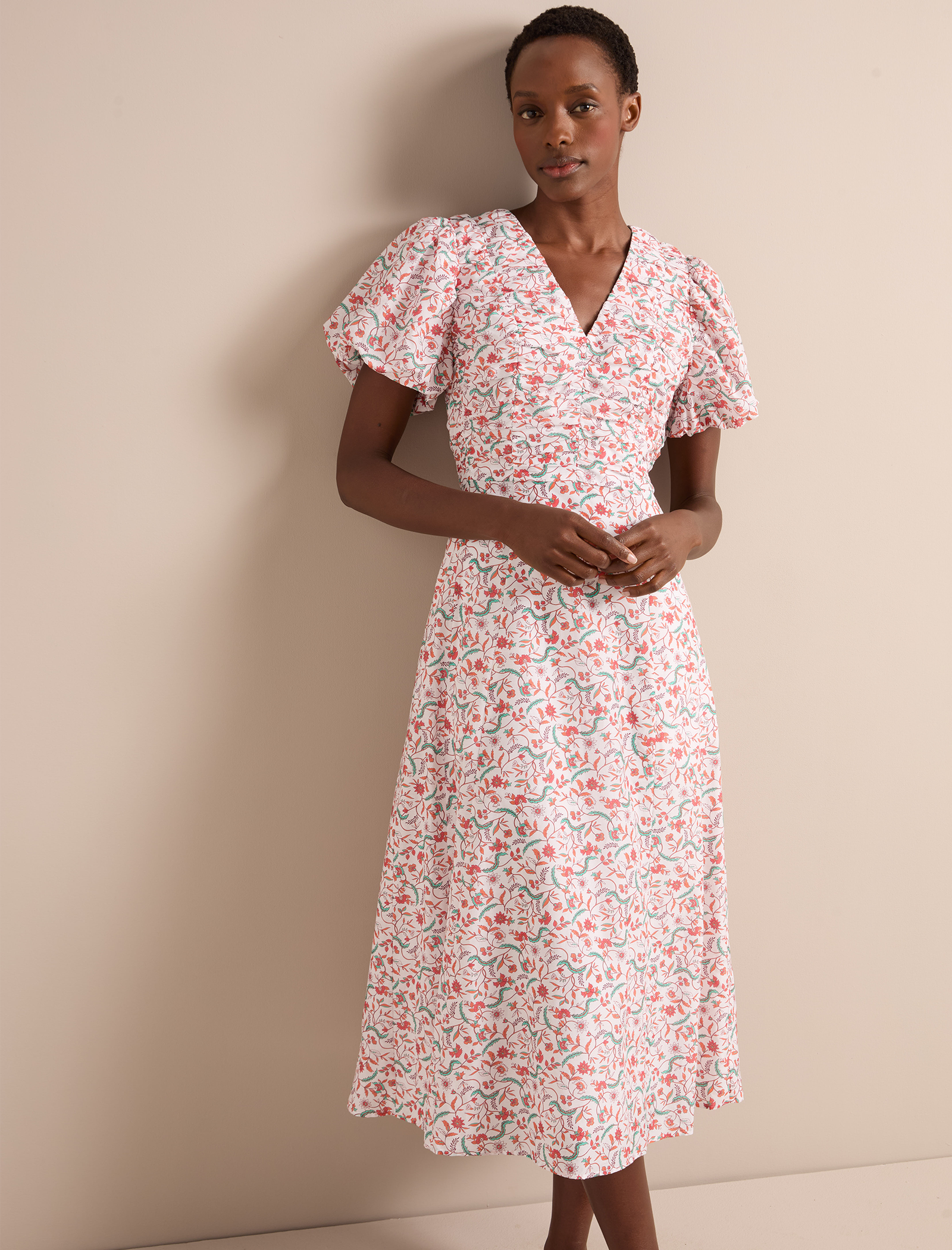 Elisa Silk Blend Midi Dress - Red Trailing Feather Print - Image 8